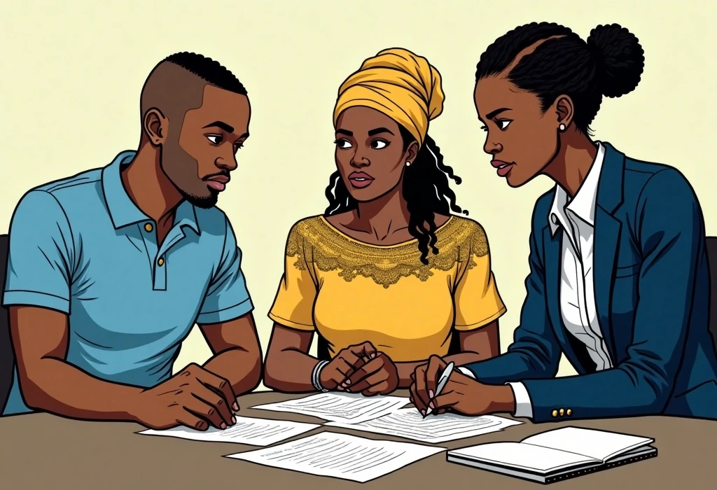 Amara Okafor reviews Rotimi's academic goals and documents at the Dhub Education office. — illustration from the story "The European Option"