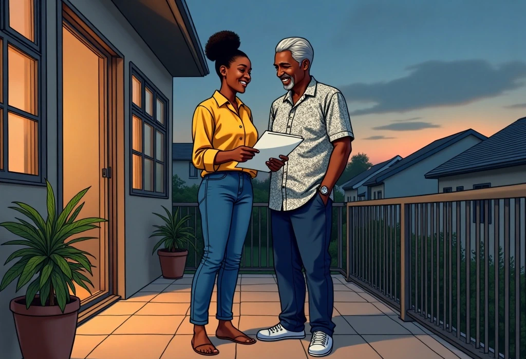 Godwin and Osas inspect her official CAS letter on the compound balcony. — illustration from the story "The Balcony in Benin City"