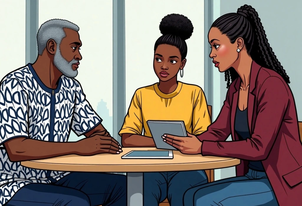 Nkechi warns the family against sending tuition deposits to unverified private accounts. — illustration from the story "The Balcony in Benin City"