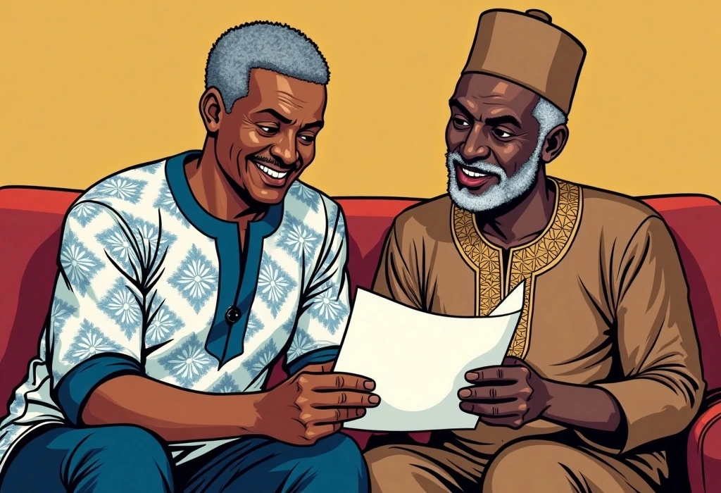 Godwin shows Pa Dennis the verified 28-day untouched bank balance. — illustration from the story "The Balcony in Benin City"