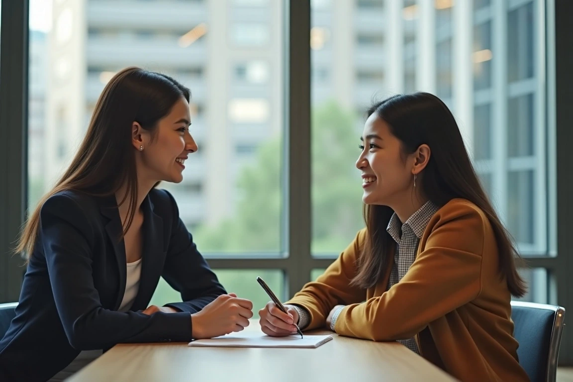 University counselor speaking with an international student in a brightly lit counseling office.