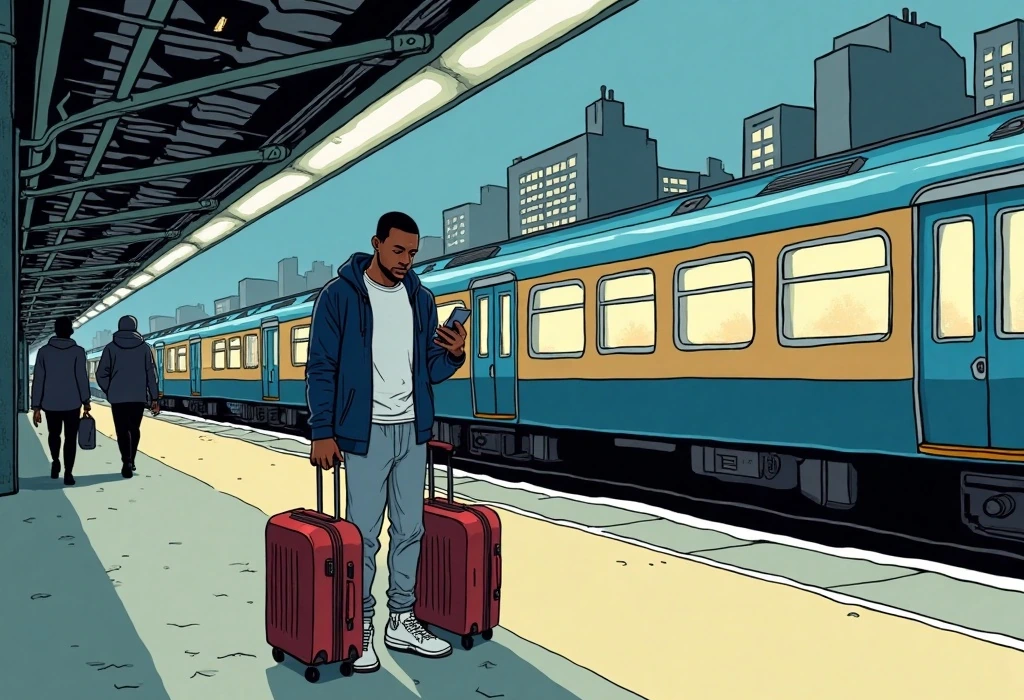 Dayo lands in Sheffield with dead phone battery and no local currency cash. — illustration from the story "The First Month Ledger"