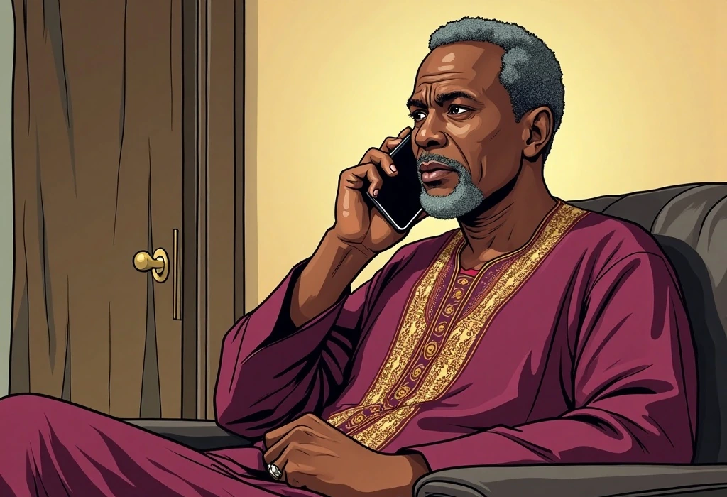 Chief Babatunde calls Dhub Education in panic over his son's arrival message. — illustration from the story "The First Month Ledger"