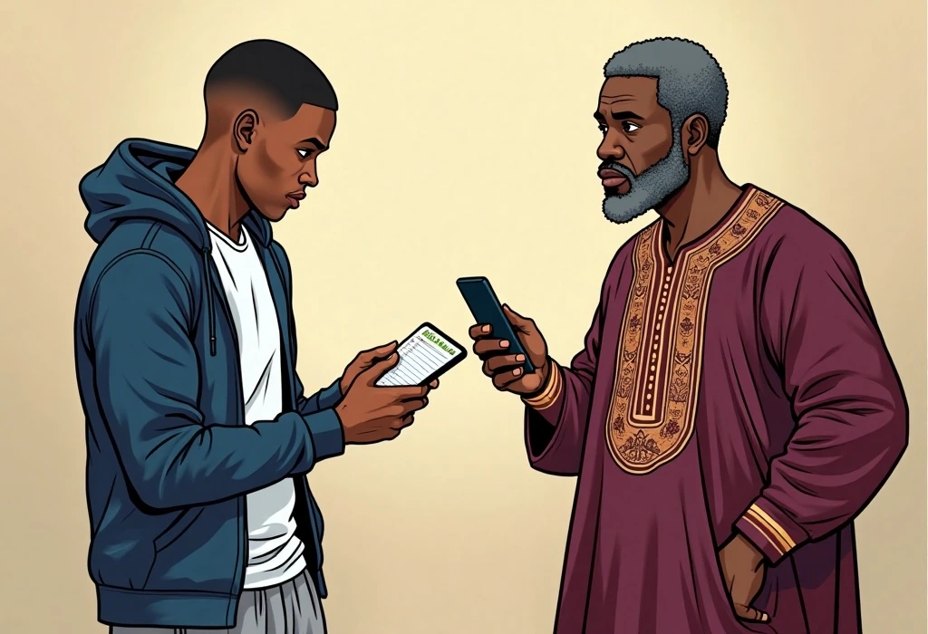 Dayo shows his father a list of unexpected month-one housing setup costs. — illustration from the story "The First Month Ledger"