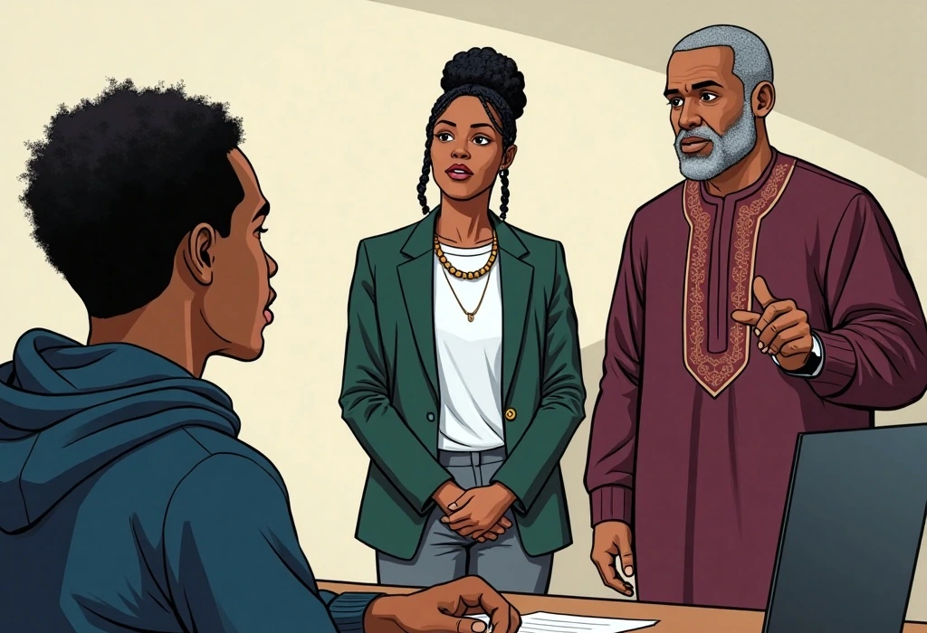 Kemi explains student tax exemptions and free banking setup rules to Dayo. — illustration from the story "The First Month Ledger"