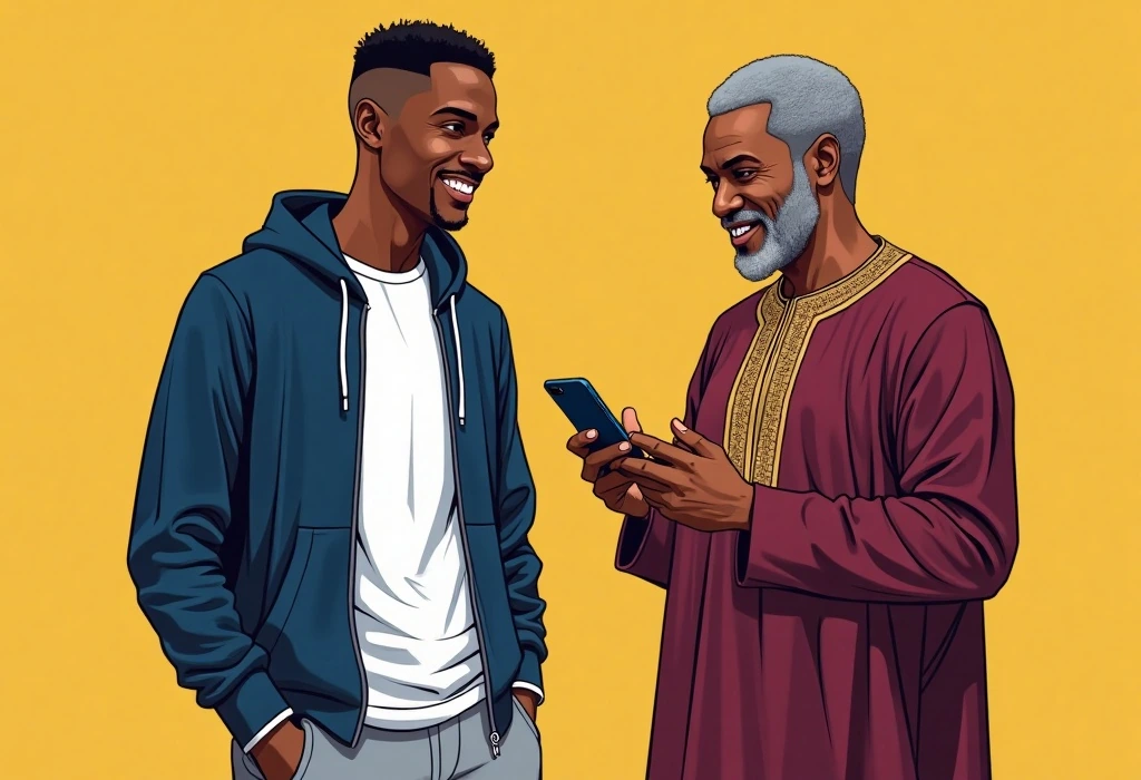 Dayo celebrates his smooth account setups with his relieved father in Ibadan. — illustration from the story "The First Month Ledger"