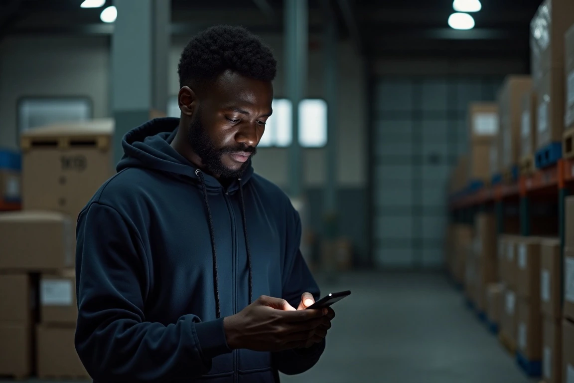 A tired student in a warehouse at night.