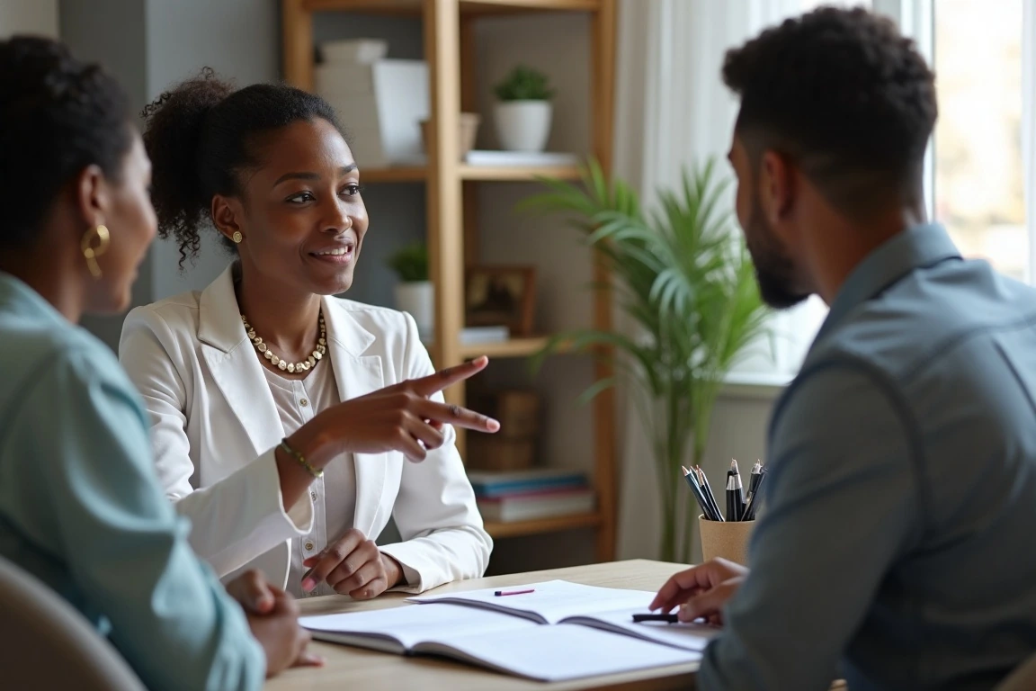 A professional woman giving advice in an office.