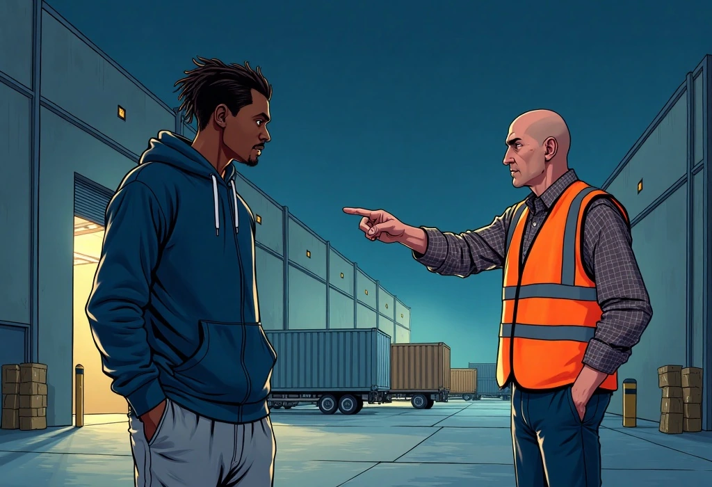 Emeka prepares for another long night shift while ignoring his father's call. — illustration from the story "The Warehouse and the Roadmap"
