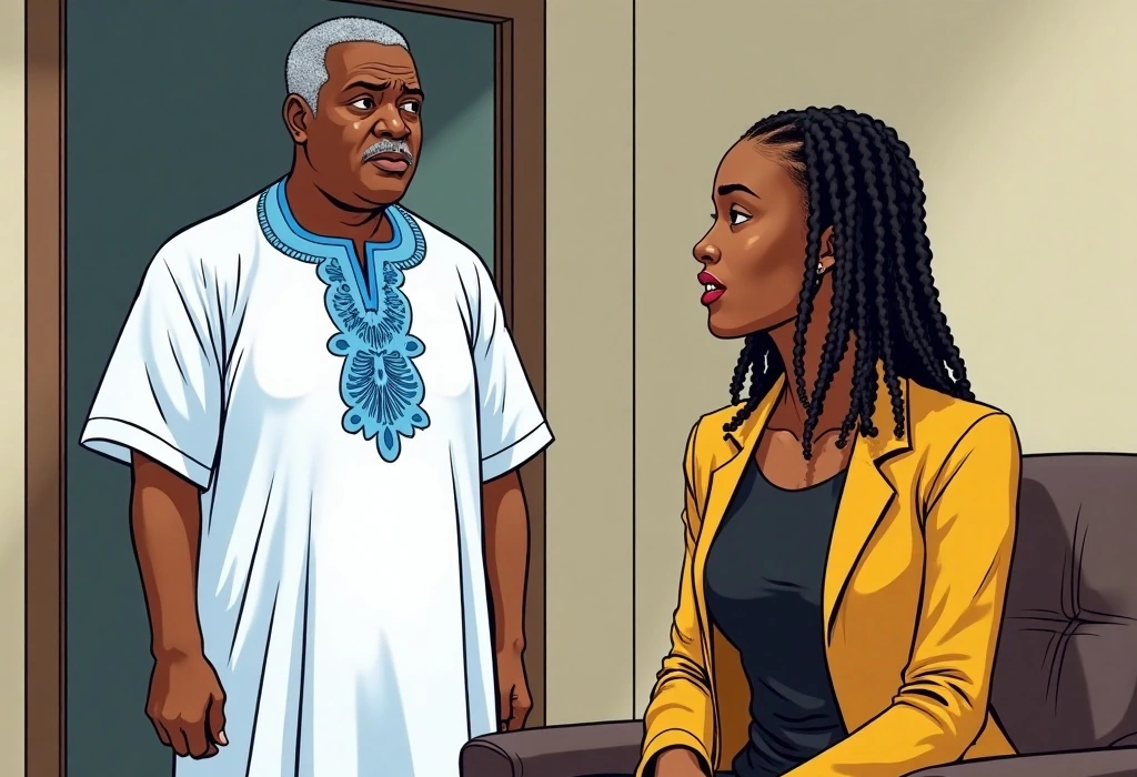 Chief Okafor expresses his concerns about Emeka's warehouse work to Bisi. — illustration from the story "The Warehouse and the Roadmap"