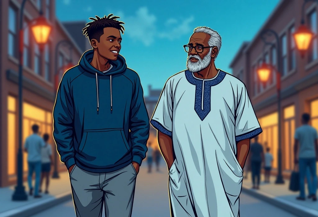 Emeka shares his success with his father after securing a career-track role. — illustration from the story "The Warehouse and the Roadmap"